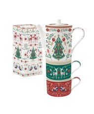 Christmas Folk Zestaw Dzbanek i Filiżanki Porcelanowe do Kawy i Herbaty w Ozdobnym Pudełku