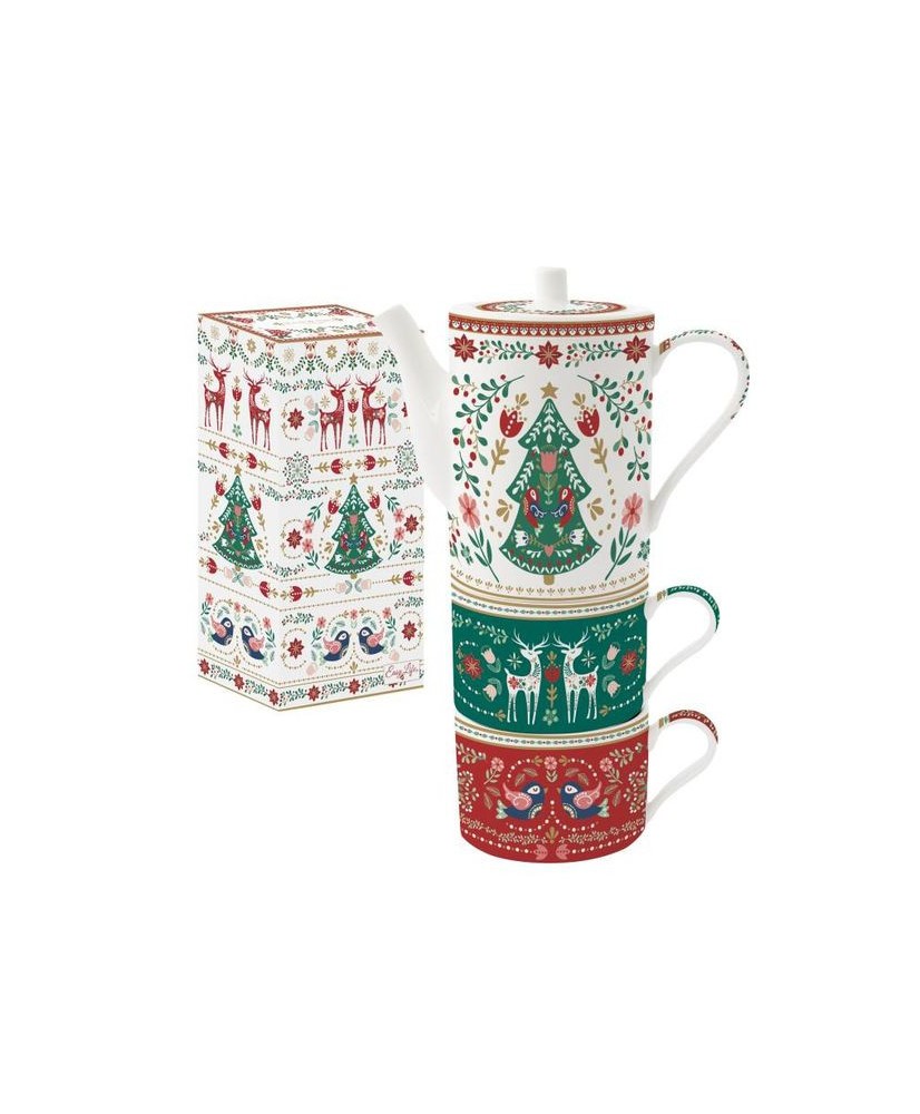 Christmas Folk Zestaw Dzbanek i Filiżanki Porcelanowe do Kawy i Herbaty w Ozdobnym Pudełku