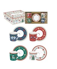 Christmas Folk Świąteczny Zestaw Filiżanek Porcelanowych ze Spodkami do Espresso 100 ml 4 szt.